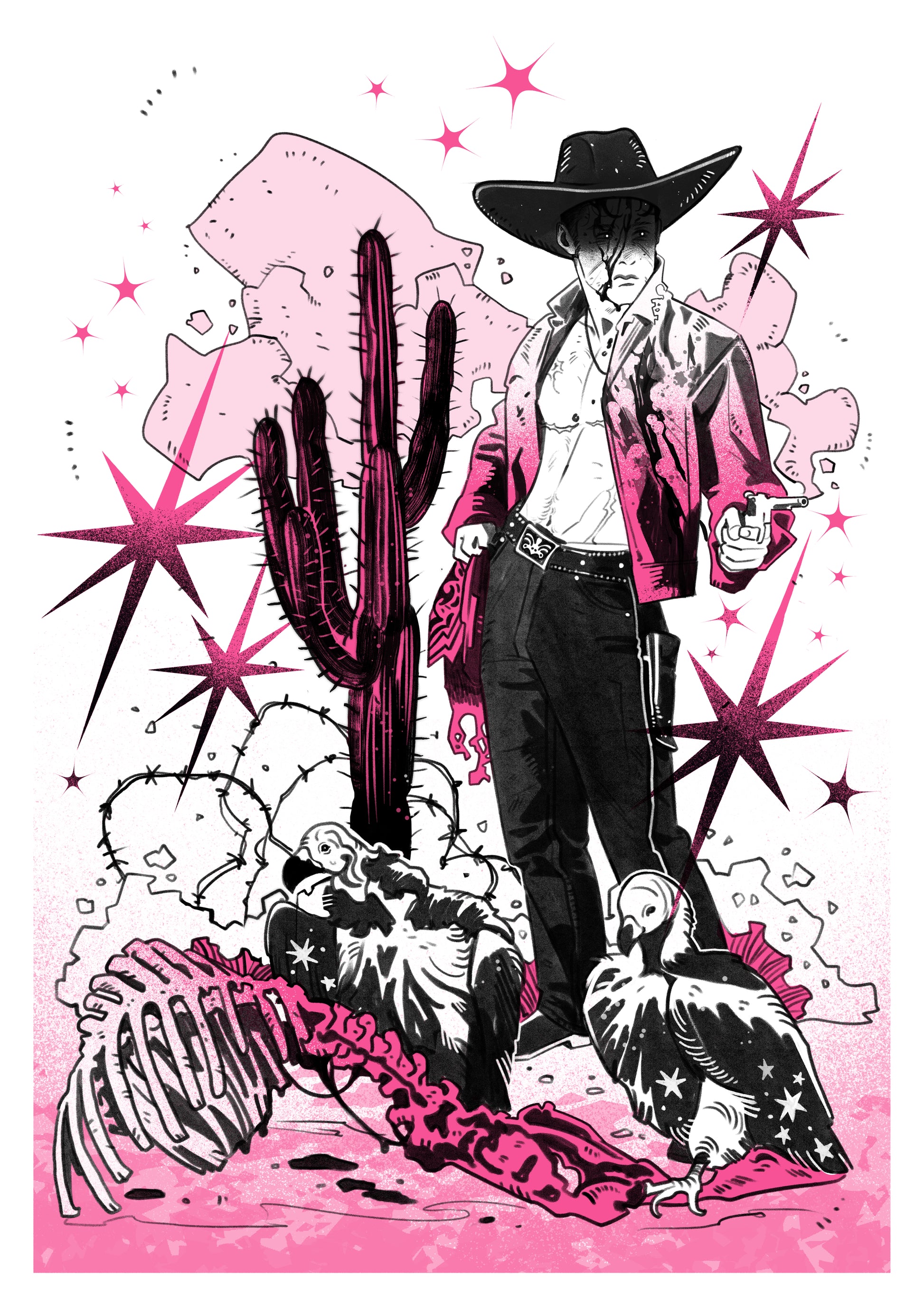 Illustration of a cowboy in a pink and black setting with cactus and stars.