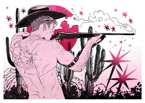 Illustration of a man with scars on his back holding a rifle, surrounded by cacti and stars on a white background.