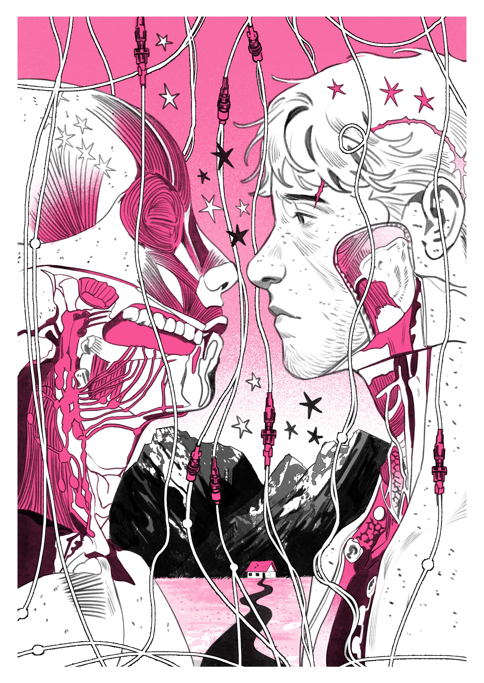 Artistic illustration of a person with intricate patterns and a pink background